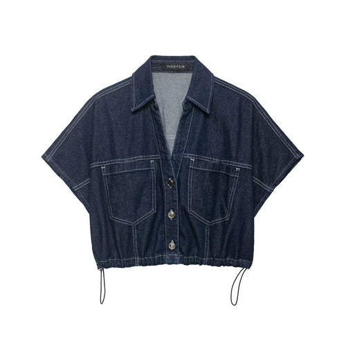 Dame Oversize Denim-Bluse med praktiske lommer og elastisk bund Skovae