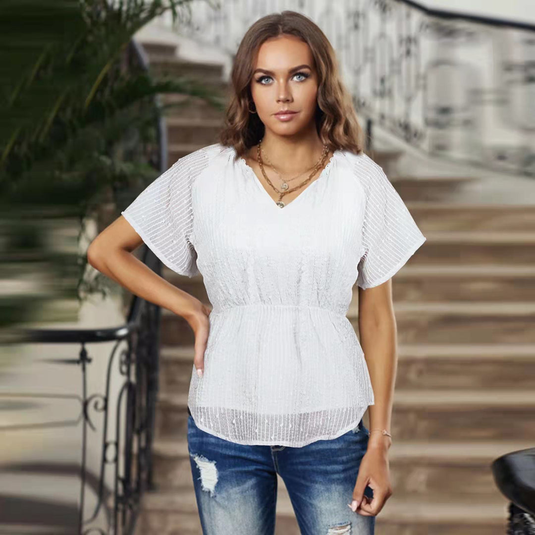 Damebluse med ruffles detaljer og elastisk linning Stilla