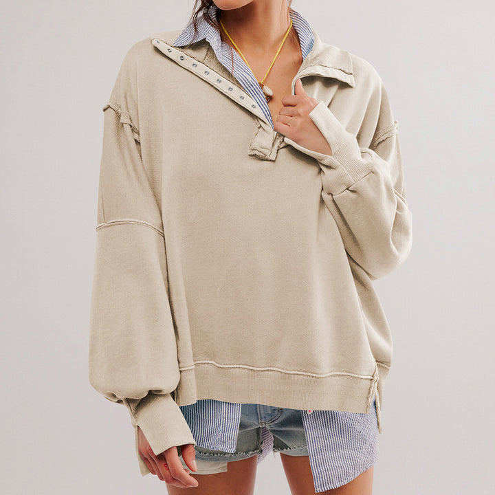 Dame afslappet sweater med trendy krave og knapstand Stilla