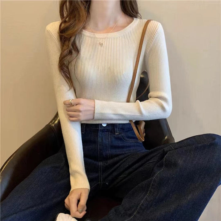 Dame Figurtilpasset Ribstrikket Sweater med Rund Hals