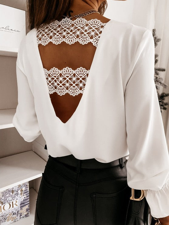 Dame elegant V-hals bluse med puffærmer Stilla