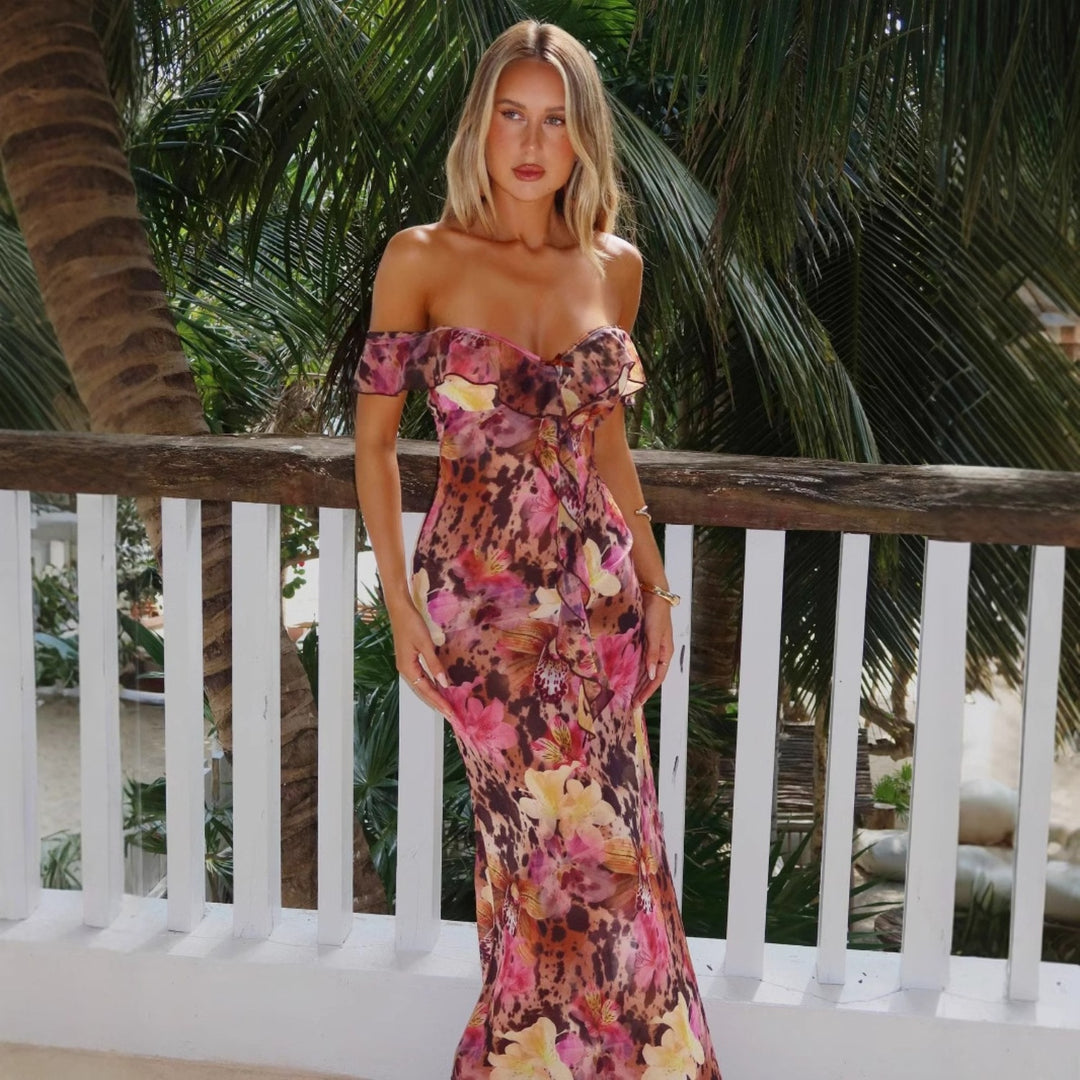 Dame Off-Shoulder Maxikjole med blomstermønster og flæse detaljer Skovae