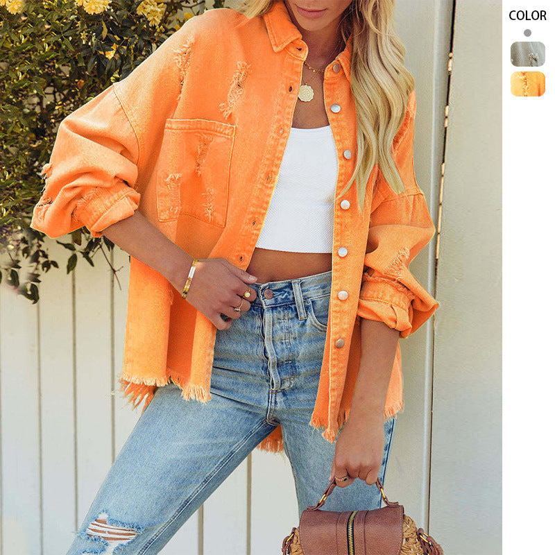 Kvindernes oversized denimjakke med frynset kant og knapbar design Stilla