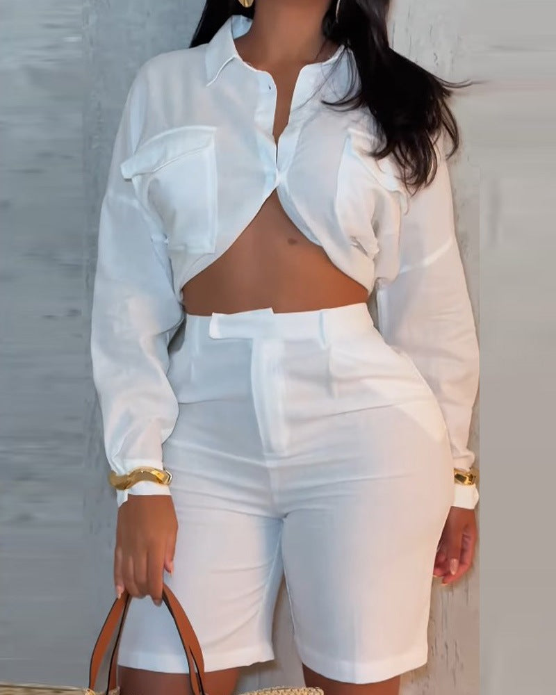 Dame afslappet crop-top med lange ærmer og high-waist shorts Stilla