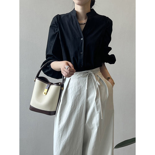 Dame elegant Bluse med pufærmer og ståkrave Stilla