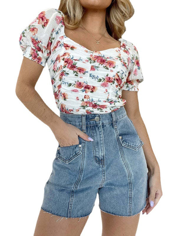 Dame kortjeans med højt talje og dekorativt blomsterdesign Stilla