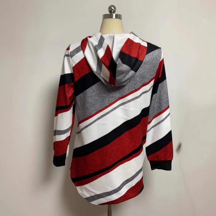 Dame nan Longline-hoodie med diagonal stribemønster, ringlynlås og sidelommer Skovae