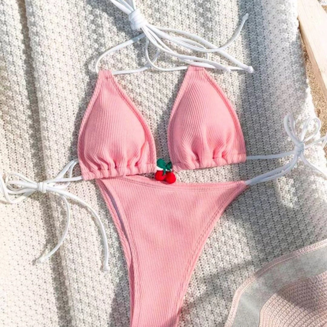 Dame Triangel-Bikini med legende kirsebær-design og justerbare bånd Stilla