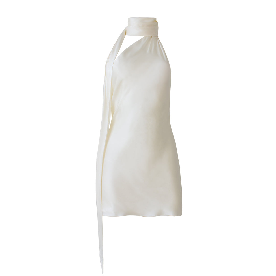Dame Elegant Satin Mini Kjole med Halterneck og flydende tørklæde Stilla