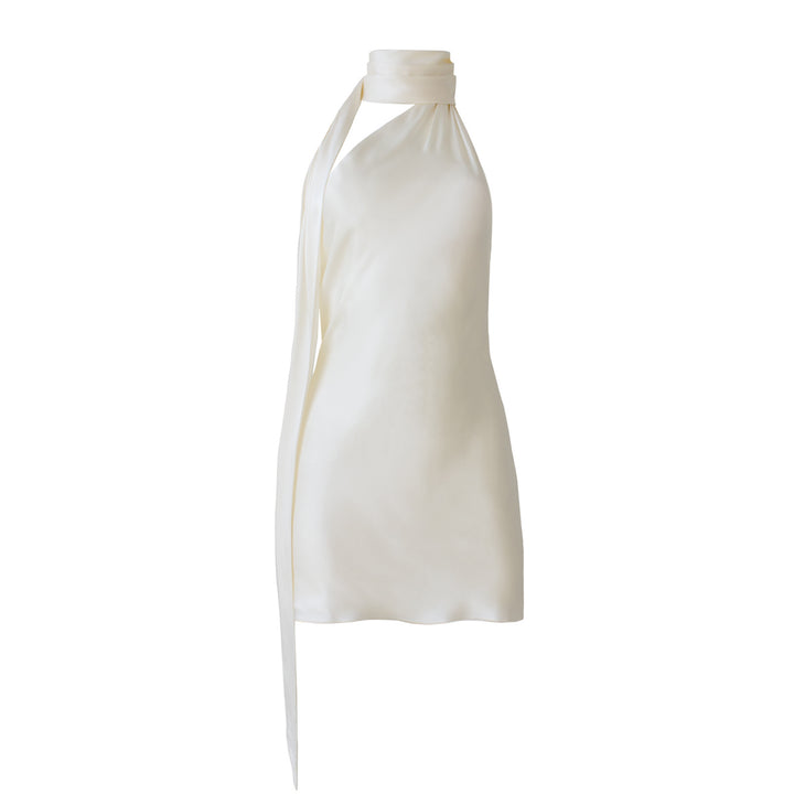 Dame Elegant Satin Mini Kjole med Halterneck og flydende tørklæde Stilla