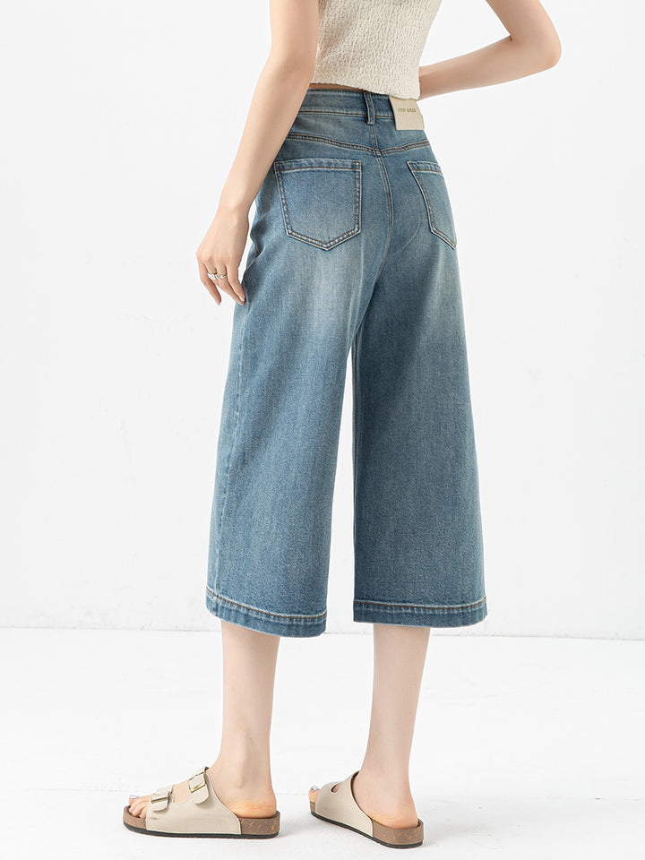 Dame Bred Denim Culottes med høj talje og løs pasform Stilla
