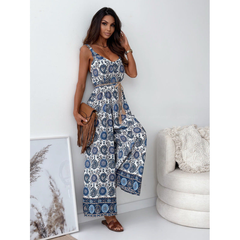 Dame jumpsuit med blomsterdesign og taljerbar bælte Skovae