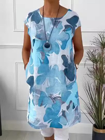 Dame nan let tunika-midi kjole lavet af linnedmix med akvarelblomsterprint og sidelommer Skovae