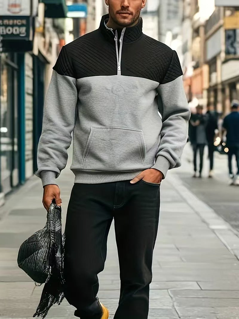 Herrer nan halvlyn-sweatshirt med quiltede skulderparti, kengurulomme og ribbede manchetter Skovae