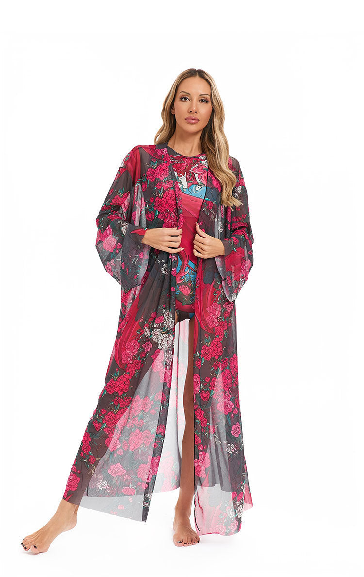 Dame elegant gennemsigtig strandkimono med blomsterdesign Skovae
