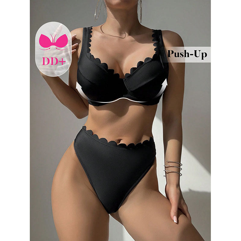 Dame højskåret bikini-sæt med dekorativ bølgekant Skovae