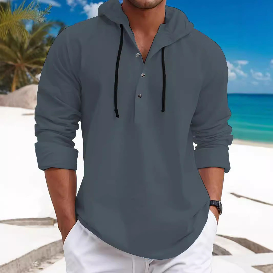 Herren nan sommerligt Hoodie-Henley med skjult knaplukning, snor og rundet kant Skovae