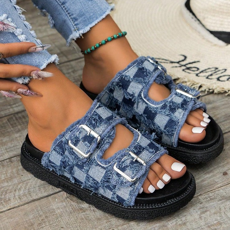 Dame mode sandaler med remme og frynset denim Stilla