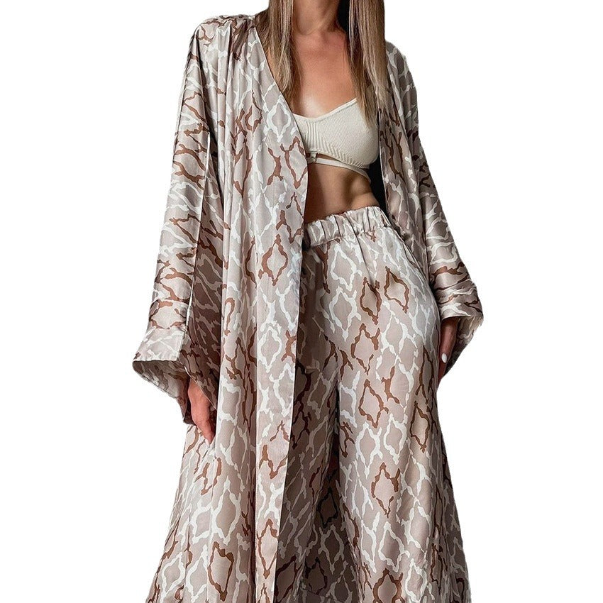 Dame Satin Kimono-Sæt med vid snit og elegante mønstre Stilla