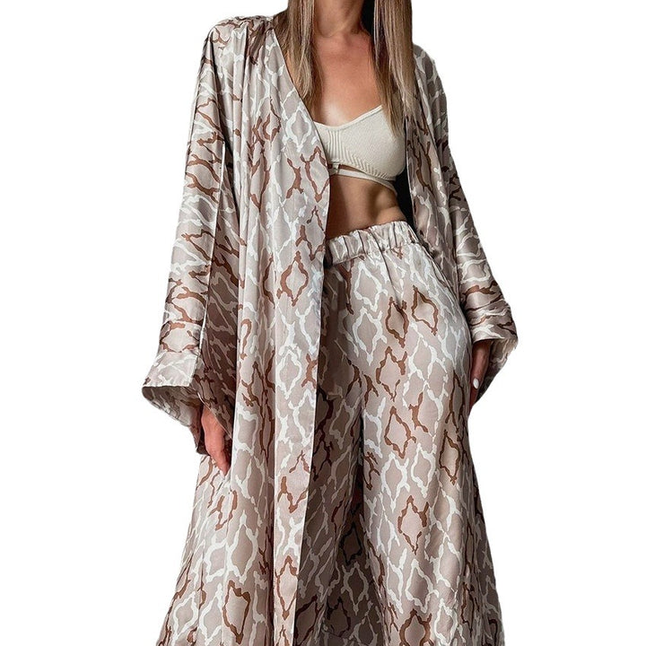 Dame Satin Kimono-Sæt med vid snit og elegante mønstre Stilla