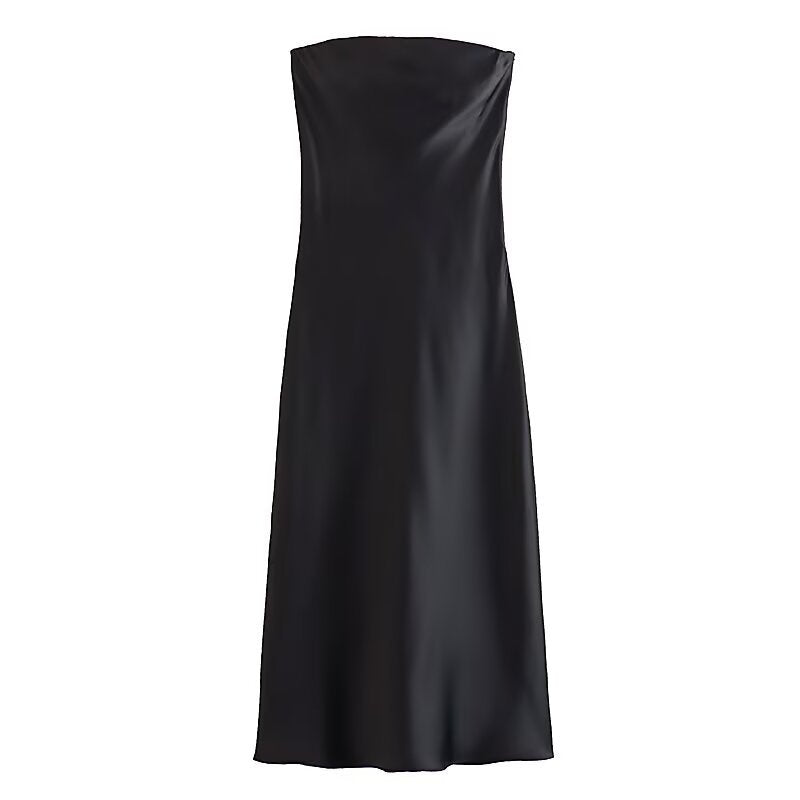 Dame lang aftenkjole i elegant satin-look med stropløs design Skovae