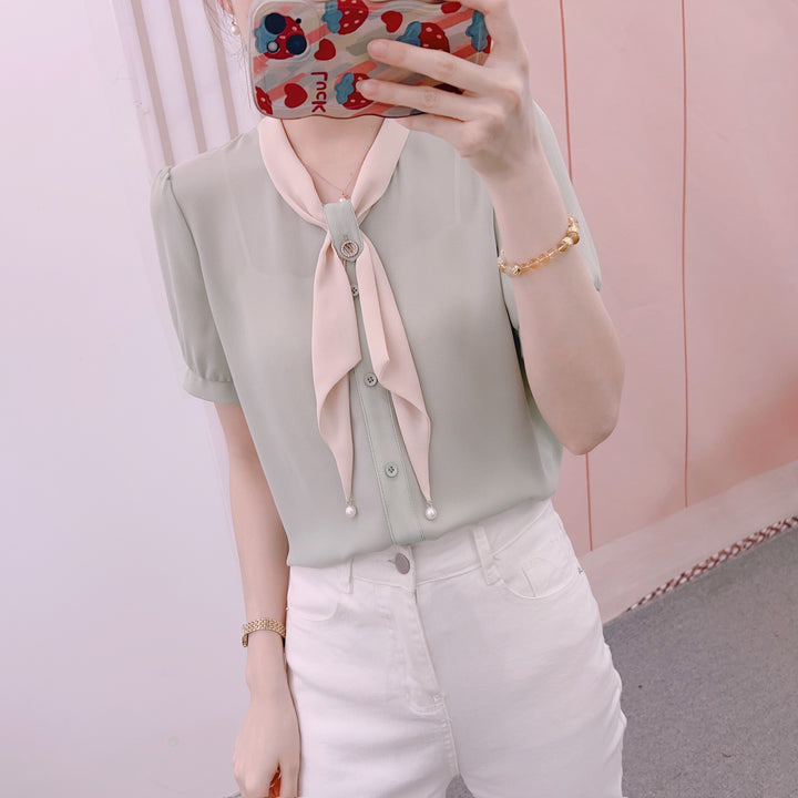 Dame Elegant Bluse med Sløjfe Krave og Perle Detaljer Stilla