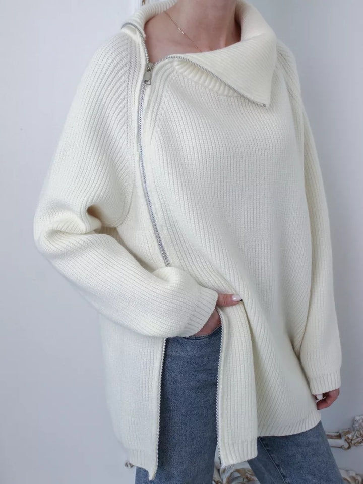 Dame afslappet strikpullover med asymmetrisk lynlås og stor krave Stilla