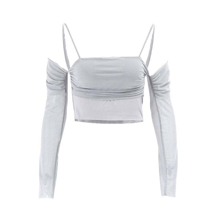 Dame Crop-top med Elegant Drapering og Gennemsigtige Ærmer Stilla