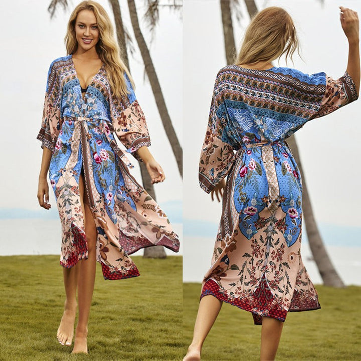 Dame Lang Strandkimono med blomsterdesign og elegant bælte Stilla