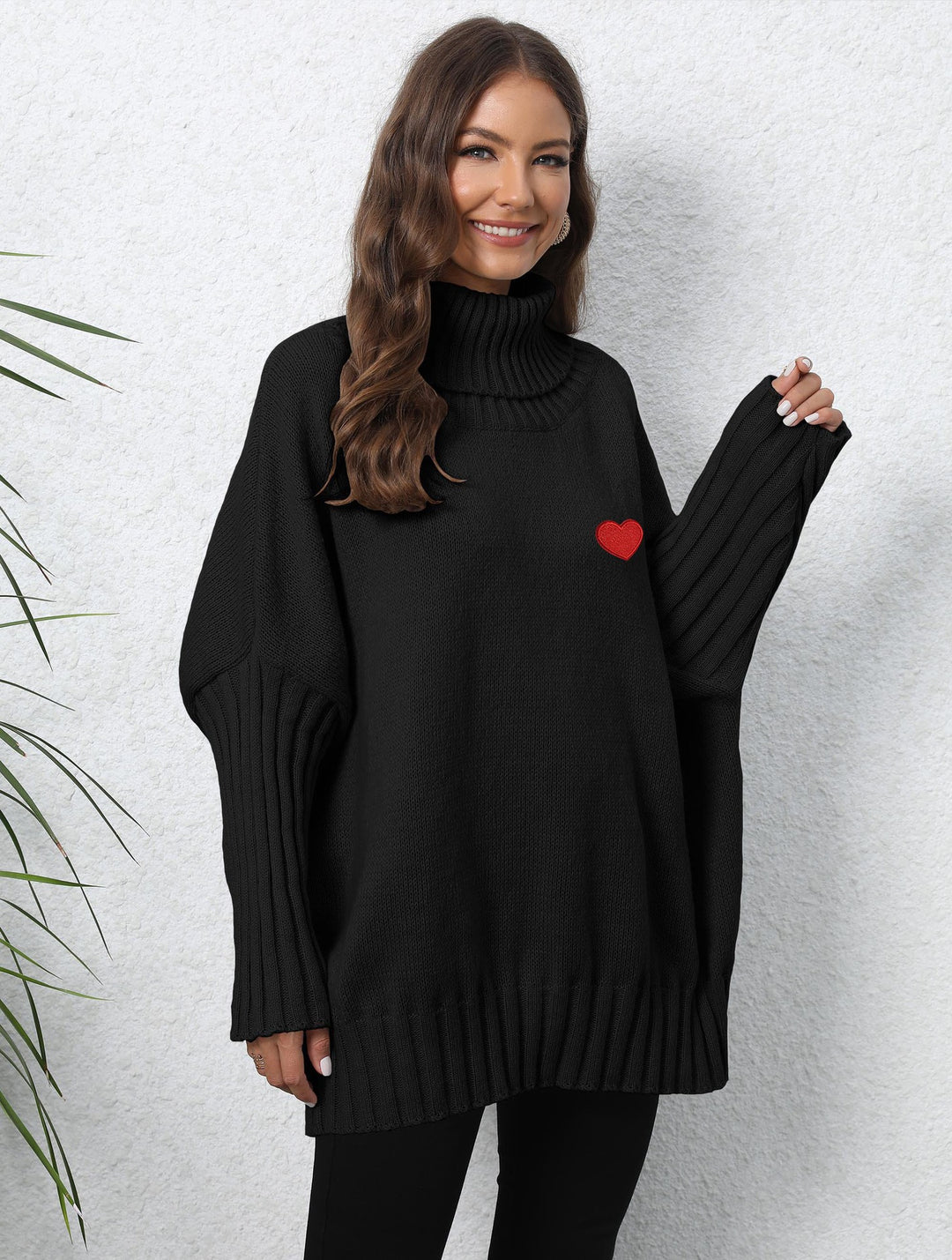 Dame Oversized Turtleneck Sweater med hjerteformet applikation og strikket mønster Stilla