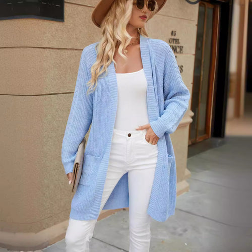 Femme Kabelstrik Åben-Front Cardigan med Lommer Stilla