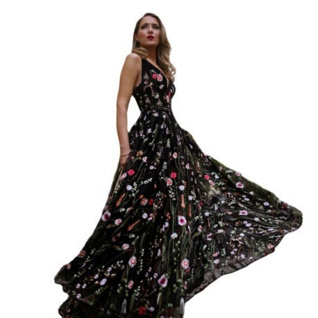 Dame Maxi Kjole med blomster Tulle og dyb V-Udskæring Stilla