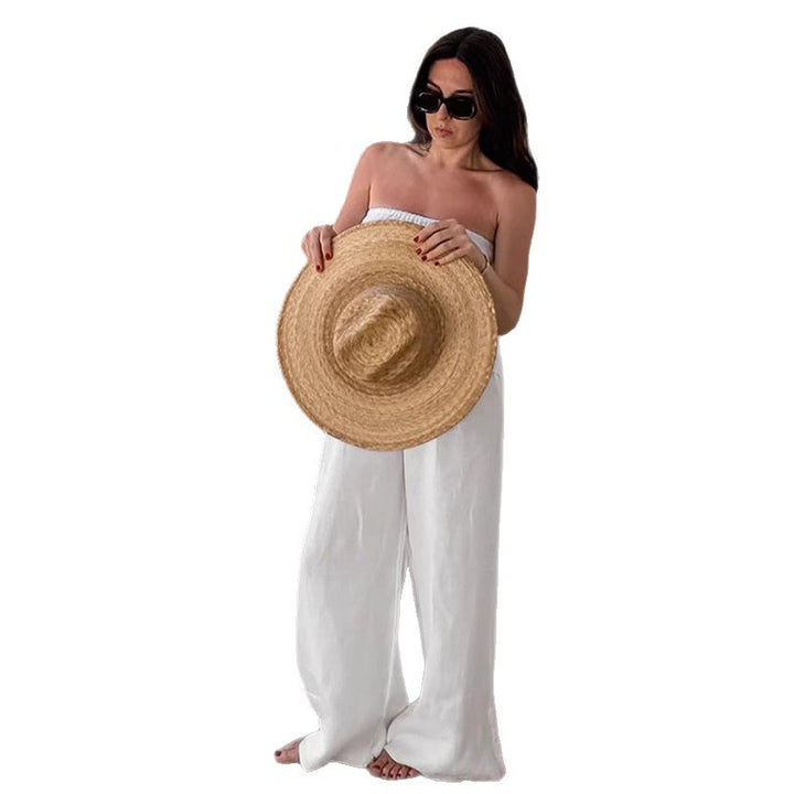 Dame To-delt Linnedress med off-shoulder Top og brede Bukser Stilla