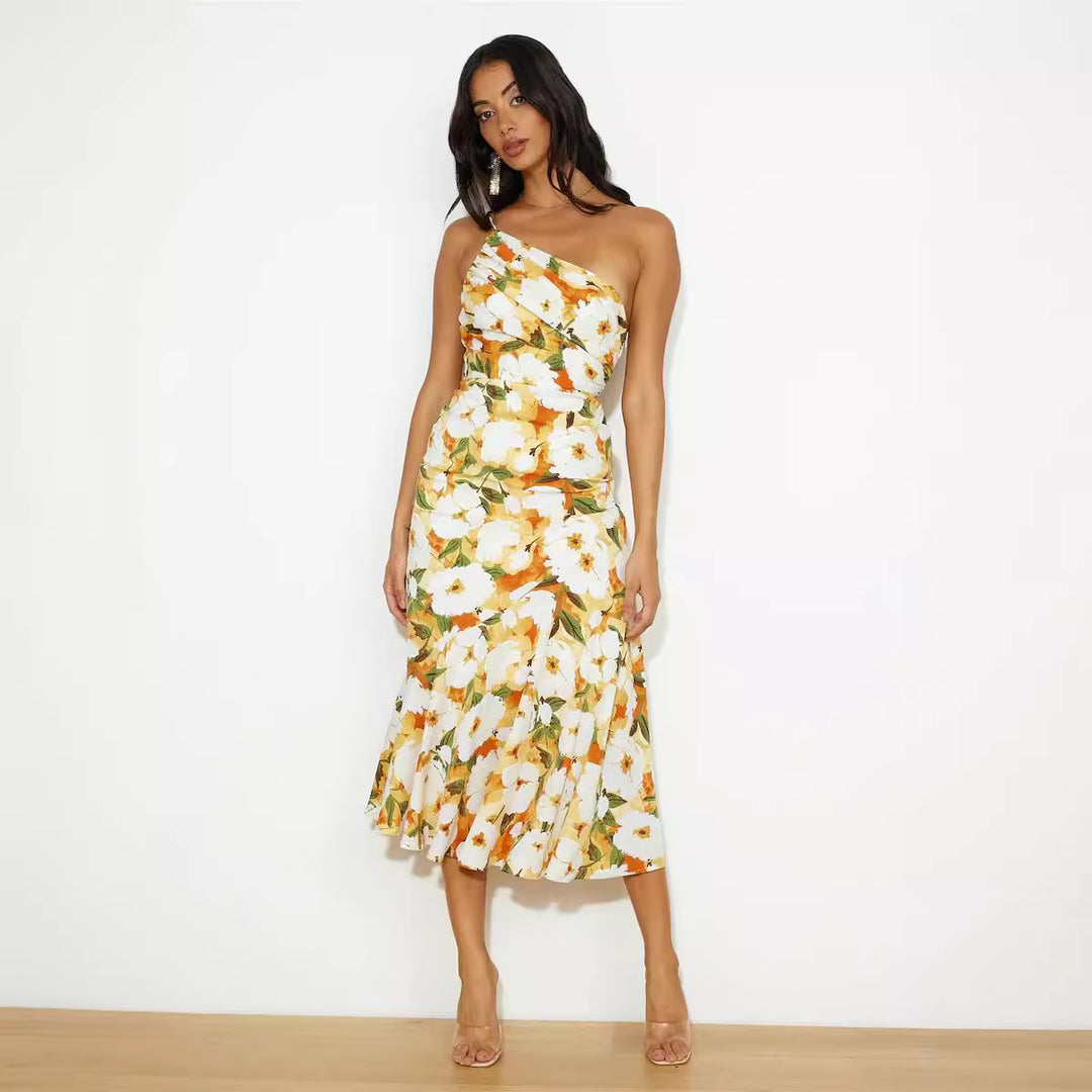 Dame elegant blomster-midi-kjole med asymmetrisk udskæring Stilla