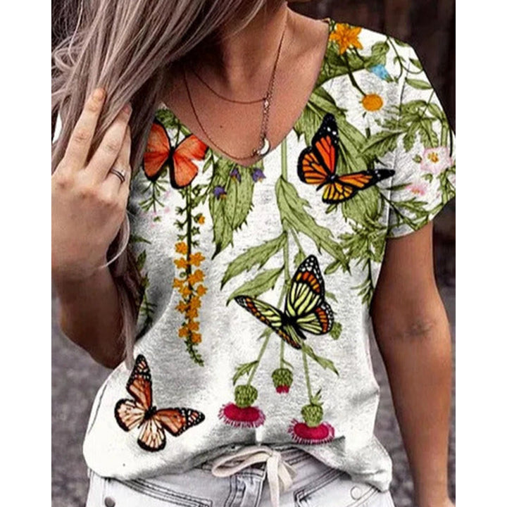 Dame Floral Sommerfugl Grafik T-shirt Stilla