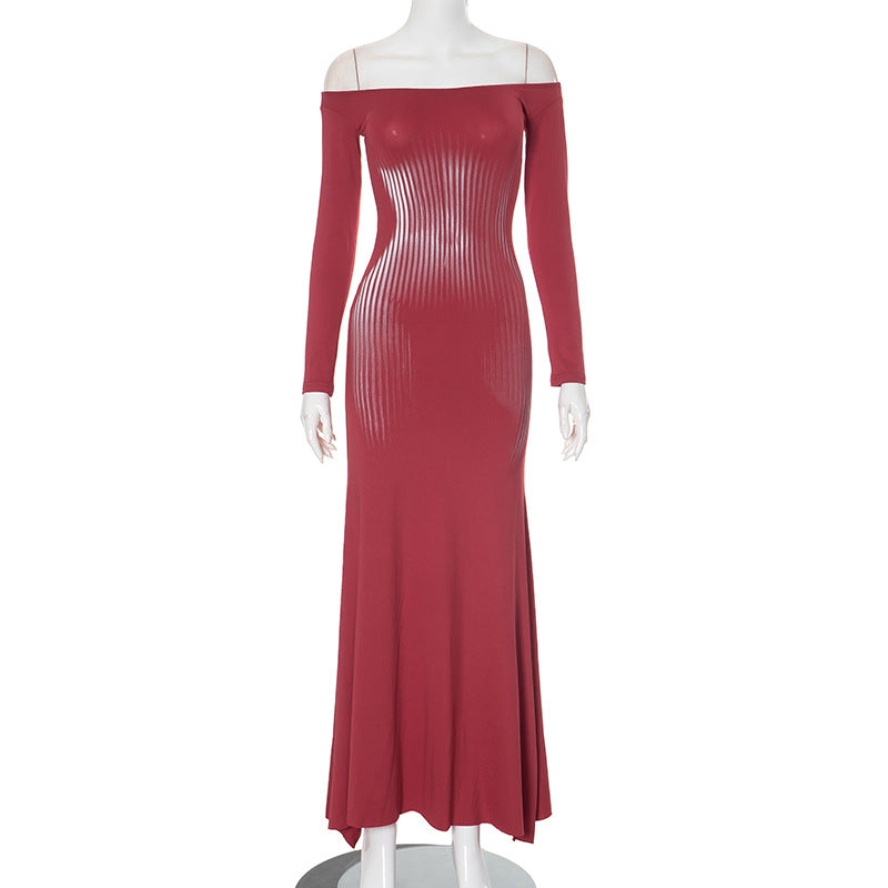 Femme Off-Shoulder Bodycon Maxi Kjole med formende striber Stilla