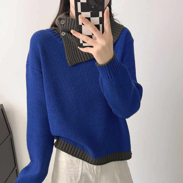 Damer Trendy Strikket Sweater med Krave og Knapdetalje Stilla