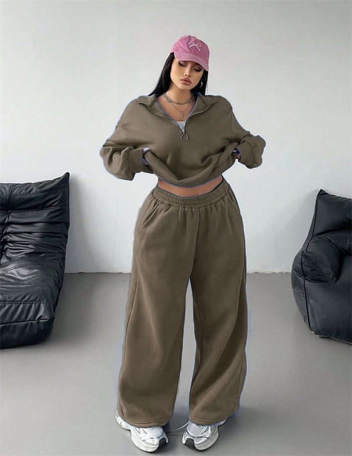 Damerne komfortable fleece loungewear sæt med løs pasform og halvlængde lynlås Skovae