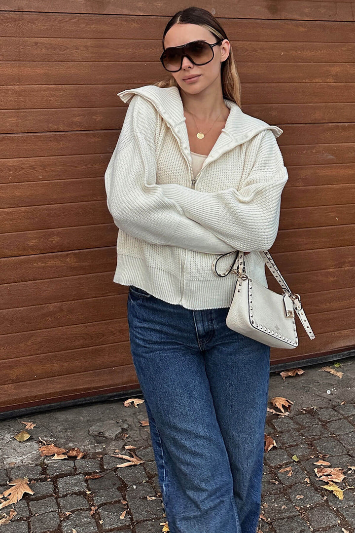 Dame Oversized Strik Cardigan med Høj Krave og Lynlås Skovae