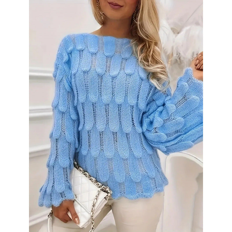 Kvinders strikket sweater med voluminøse ærmer og struktureret mønster Stilla