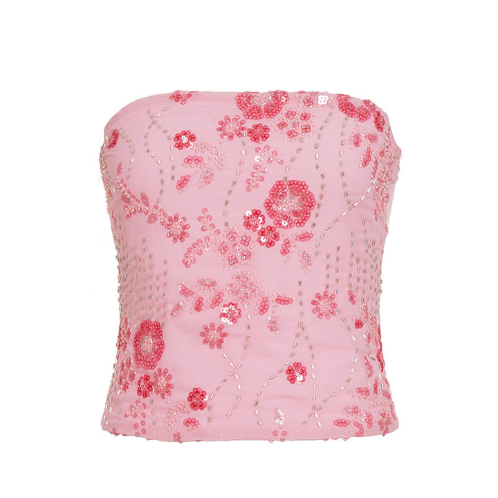 Damen eleganter Crop-Top mit Blumenstickerei und Pailletten Skovae