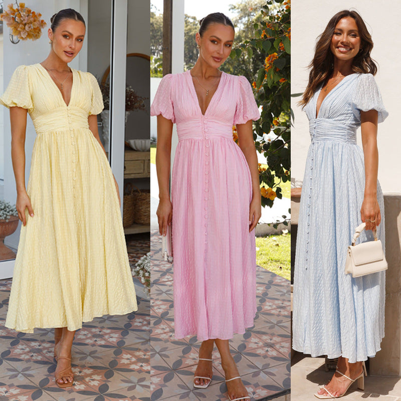 Kvinders Maxi Kjole med Romantisk V-Hals og Festligt Ruffle Design Stilla