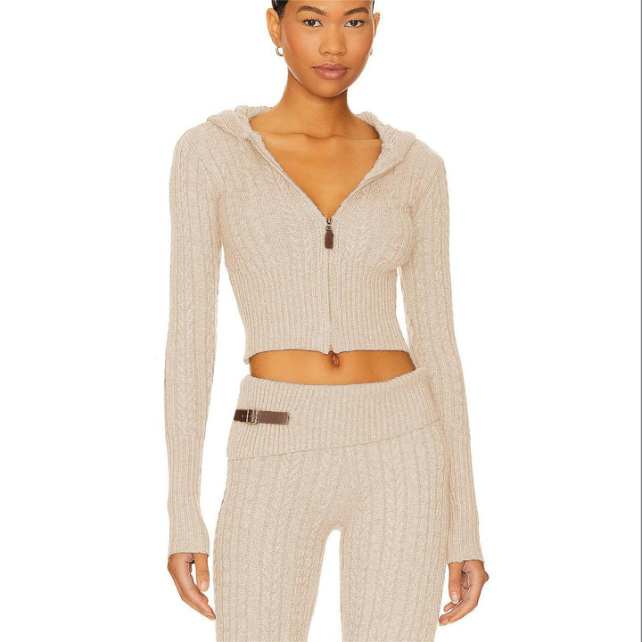 Femme Cozy Cropped Kabelstrik Hoodie Sæt Stilla