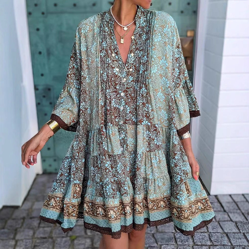 Dame nan luftig Boho-stofkjole med V-udskæring, brede flagermusærmer og spidsborde Skovae