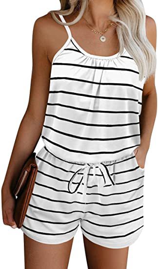 Dame striped overall med spaghetti stropper og elastisk talje snøring Stilla