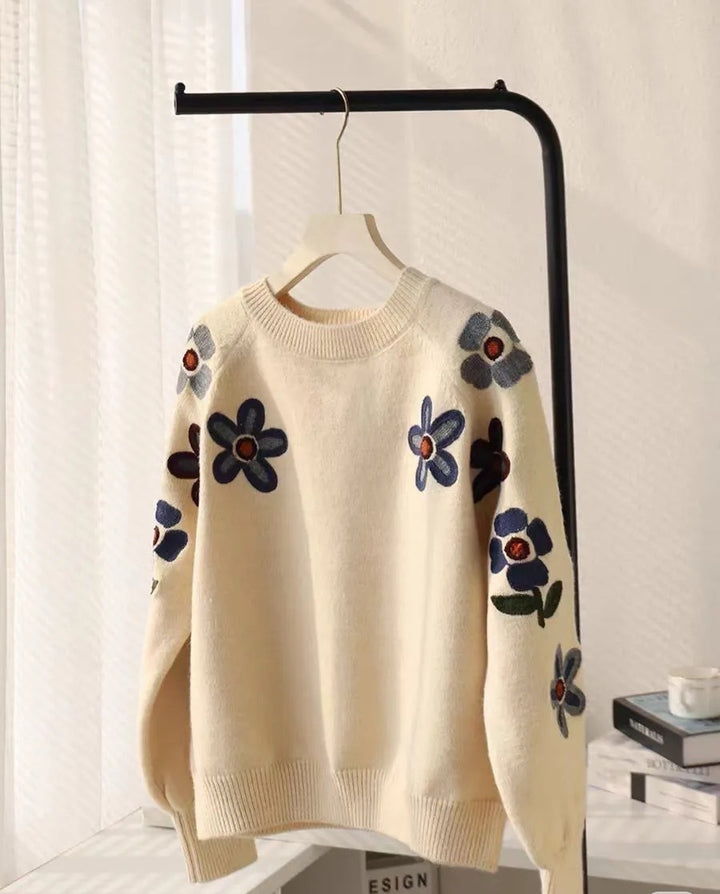 Dame mode sweater med blomster broderi design Stilla