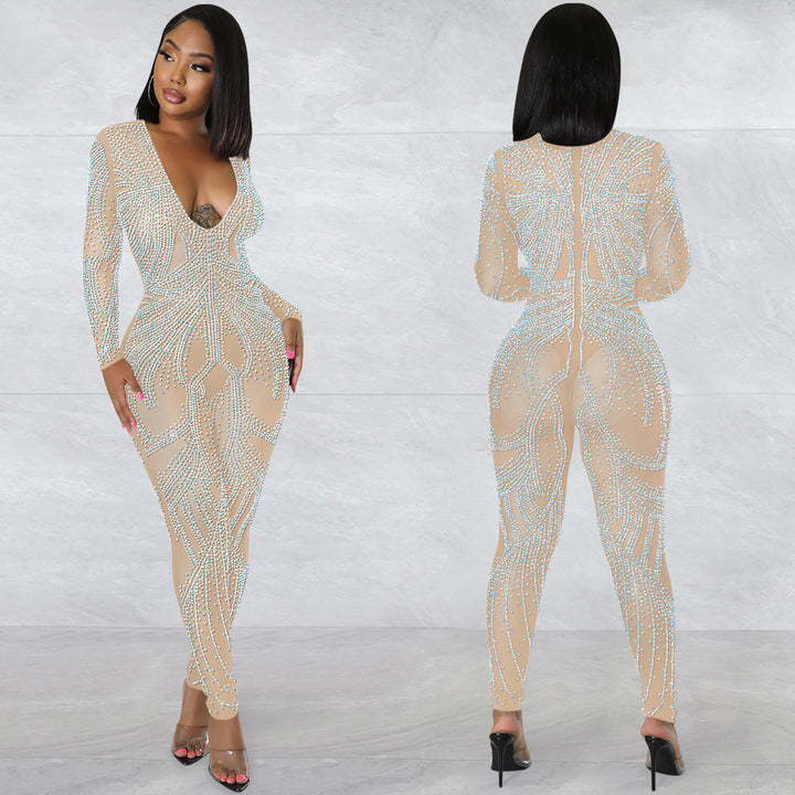 Dame elegant jumpsuit med strassdekorationer og dyb udskæring Stilla