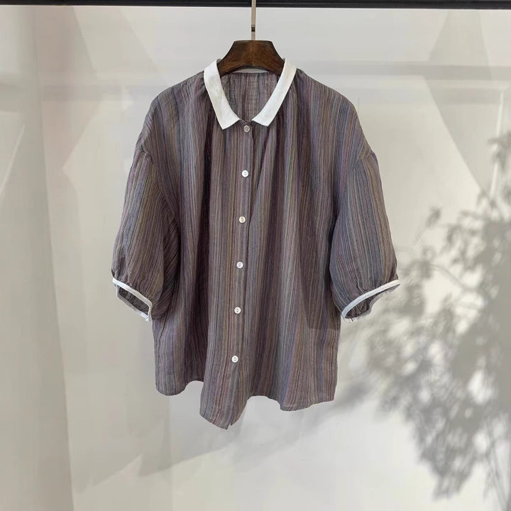 Dame Fritid Korte Ærmer Stribet Button-Up Skjorte Stilla