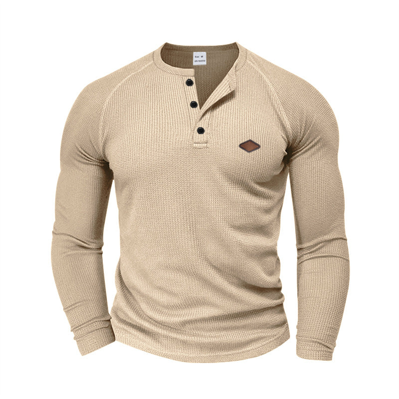 Herrer nan struktureret vaffel-Henley skjorte med kort knaplukning Raglanærmer og læderpatch Skovae