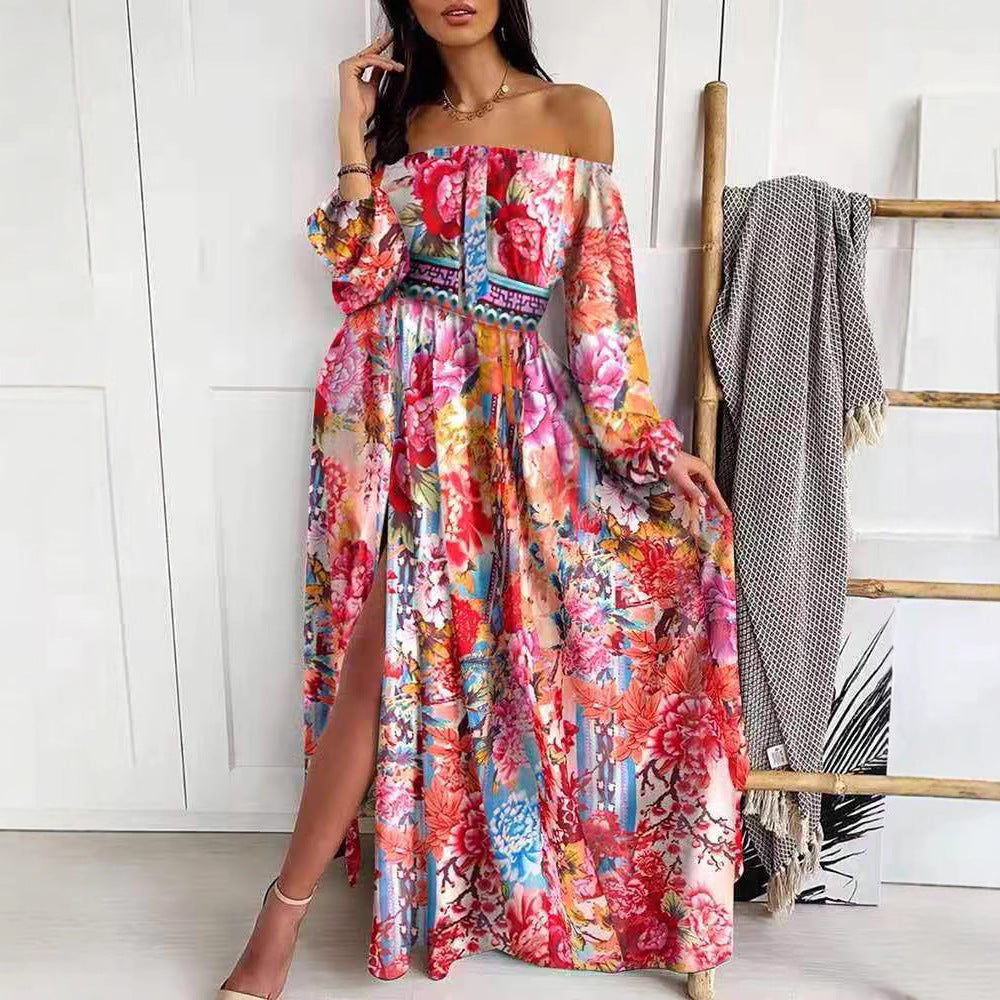 Dame Maxikjole i elegant Off-Shoulder stil med tiltalende mønstre og slidsdetaljer Stilla